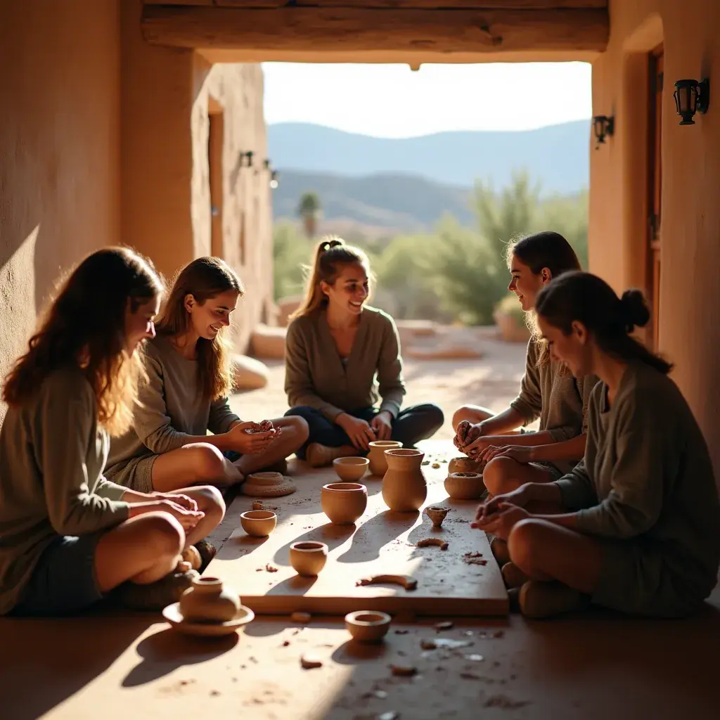 Традиционная индейская хижина, окруженная природой, с яркими цветами и зелеными растениями.