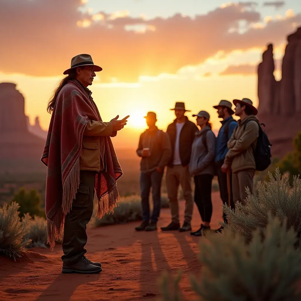 Пейзаж пустыни с красными скалами и кактусами на фоне заката в Аризоне.